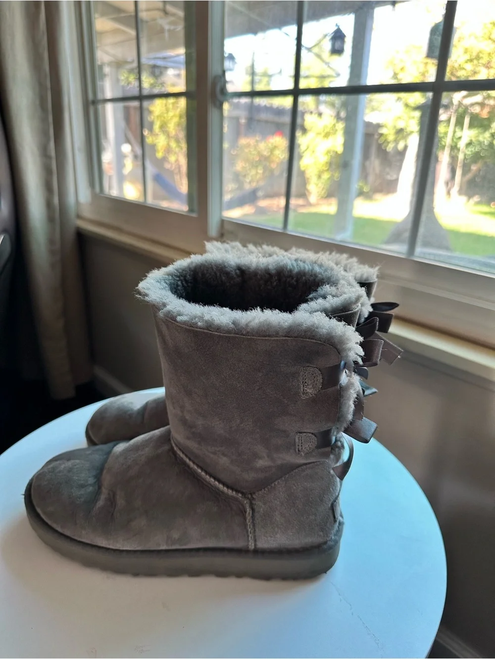 UGG Women's Gray Suede Shearling Winter Boots with Back Bow